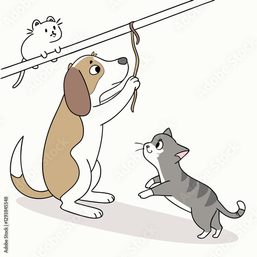 Cute dog, hamster, and cat hanging on a white placard, showcasing adorable animal companions in a playful design.