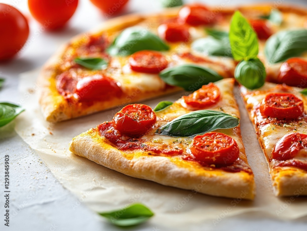 Delicious Pizza with Fresh Tomatoes and Basil Leaves on White Background Capturing Culinary Delight Delicious Pizza with Fresh Tomatoes and Basil Leaves on White Background Capturing Culinary Delight