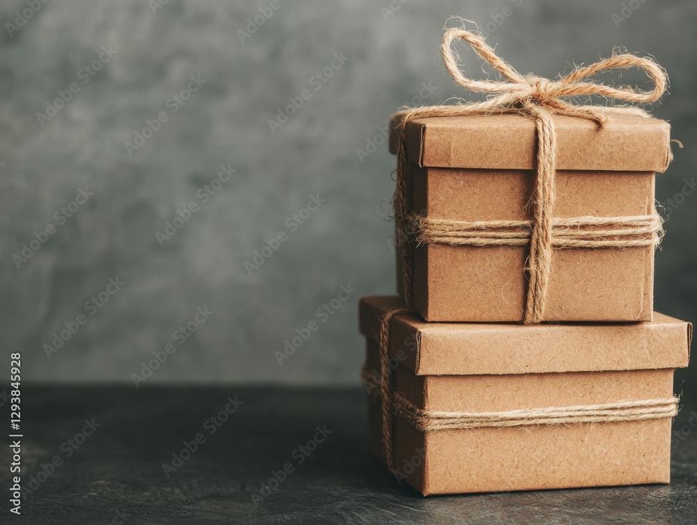 Fototapeta premium Two stacked brown gift boxes tied with twine, set against a textured gray background, creating a rustic and minimalistic aesthetic.
