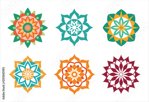 Six colorful mandala vector designs in a set. Simple collection. Isolated bundle on white background.