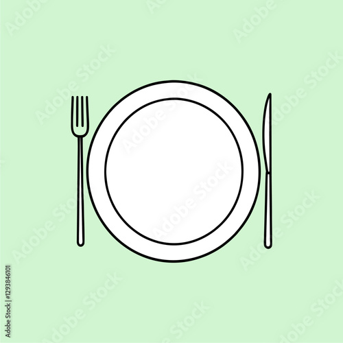 Simple lineart illustration of a dining plate with a fork and knife, representing mealtime in a clean style