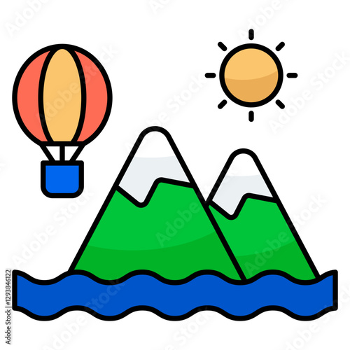 A unique design icon of mountains with hot air balloon showcasing hills station