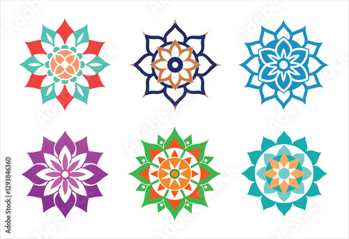 Six colorful mandala vector designs in a set. Simple collection. Isolated bundle on white background.