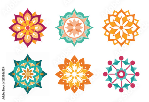 Six colorful mandala vector designs in a set. Simple collection. Isolated bundle on white background.