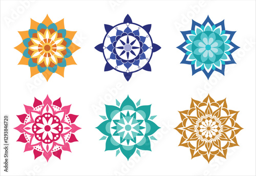 Six colorful mandala vector designs in a set. Simple collection. Isolated bundle on white background.