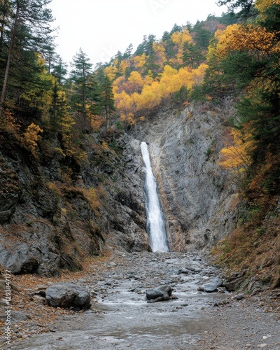 Majestic Waterfall Cascading Down Rocky Cliffs Amidst Autumnal Forest in Serene Mountain Landscape photo