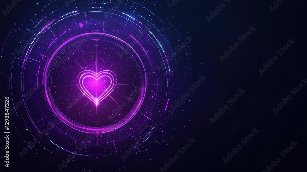 Obraz premium Neon Heart Shape in Abstract Digital Circle with Futuristic Elements and Glowing Lines on Dark Background for Modern Design Projects
