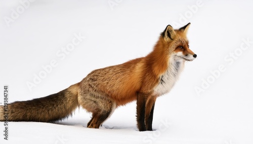 Wallpaper Mural Striking Red Fox Vulpes vulpes in Pose with Bushy Tail Against a White Backdrop, Hunting Intensely in Winter Wilderness Torontodigital.ca