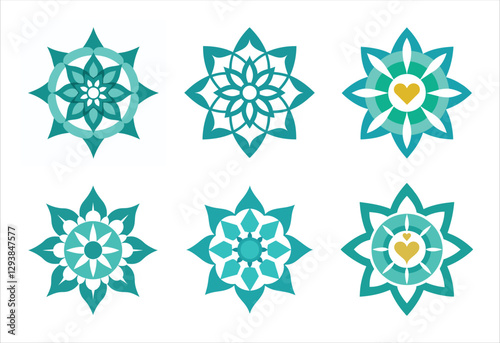 Six colorful mandala vector designs in a set. Simple collection. Isolated bundle on white background.