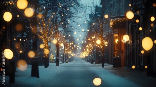Snowy street is illuminated with golden christmas lights glowingly photo