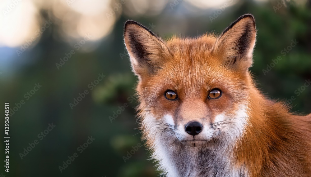 Fototapeta premium Striking Closeup Portrait of a Red Fox Vulpes vulpes amidst Bokeh of Pine Trees at Sunset, Capturing the Enchantment of Forest and Wilderness in Velvet Mood