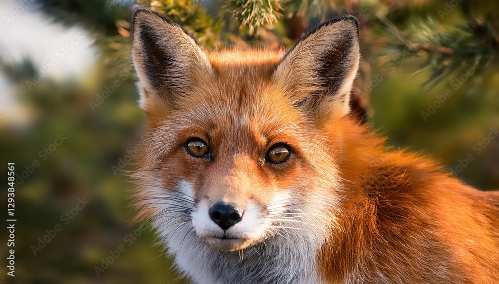 Fototapeta premium Closeup Portrait of a Red Fox Amidst Bokeh Pine Trees, Majestically Set against a Backdrop of Soft Dusk in a Forest Scene