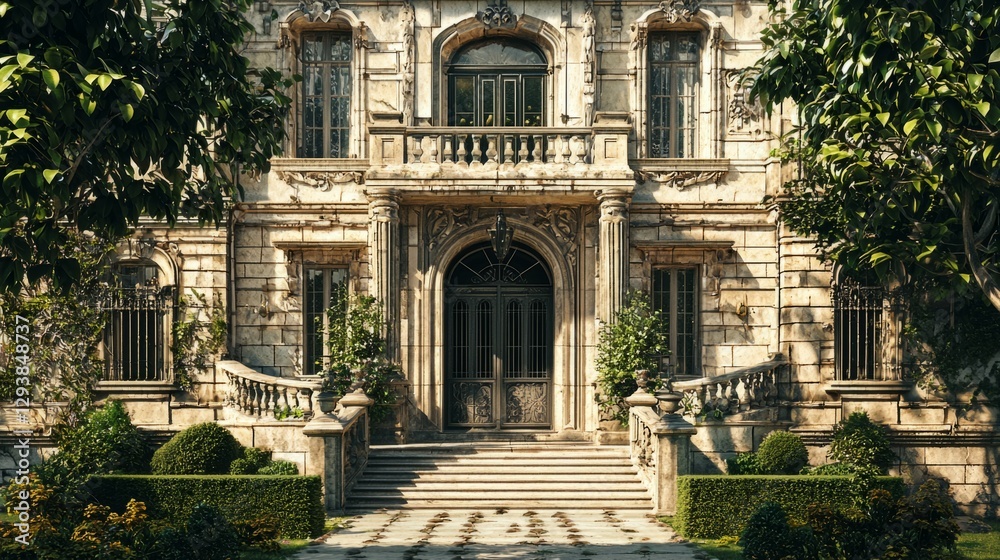 Fototapeta premium Elegant Historic Mansion with Lush Garden and Stone Pathway