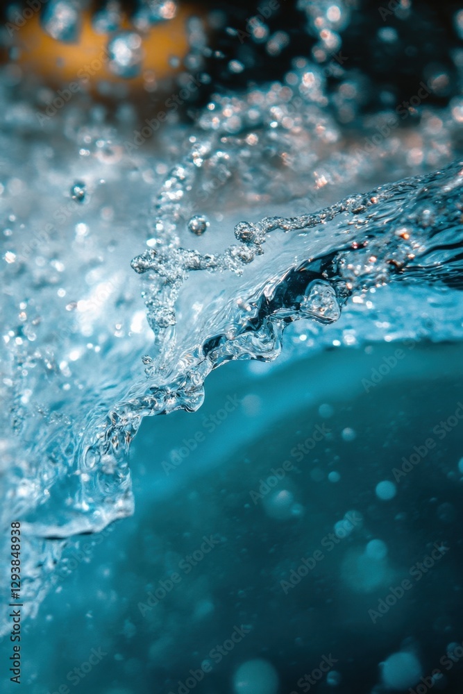 Captivating close up of crystal clear water splash creating dynamic shapes and textures in turquoise background and bright light Captivating close up of crystal clear water splash creating dynamic shapes and textures in turquoise background and bright light