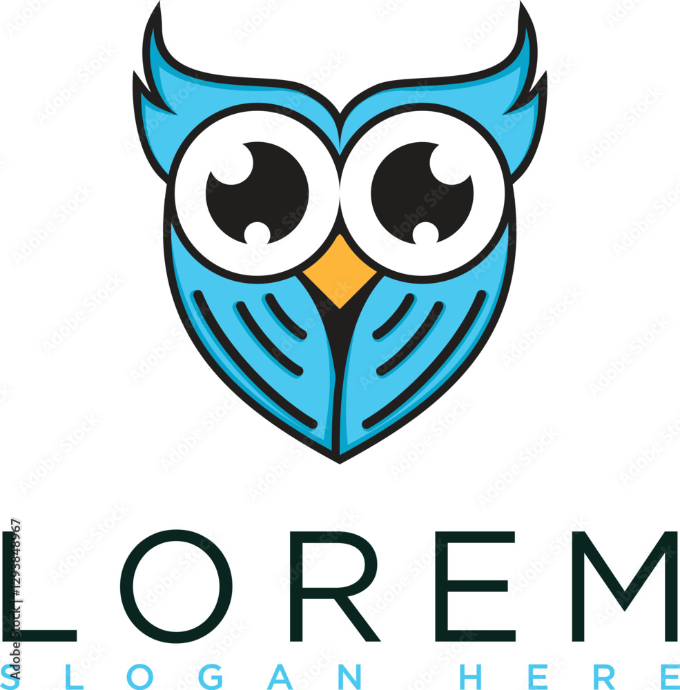 Naklejka premium The owl logo is blue with a modern and minimalist design. A symbol of wisdom, intelligence and professionalism. Suitable for branding, business or visual identity