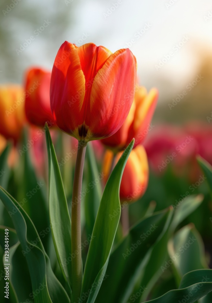 Vibrant red and yellow tulips blooming in a lush garden setting Vibrant red and yellow tulips blooming in a lush garden setting
