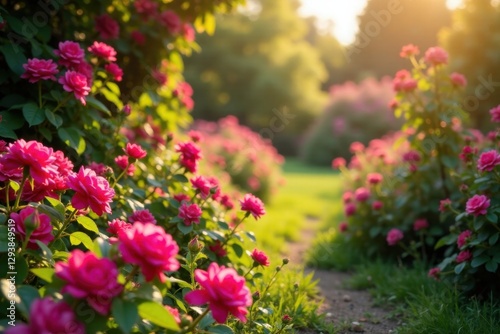 A picturesque pathway meanders through a vibrant garden, where lush rose bushes burst with the radiant beauty of fully bloomed pink roses, bathed in the warm glow of the setting sun.
