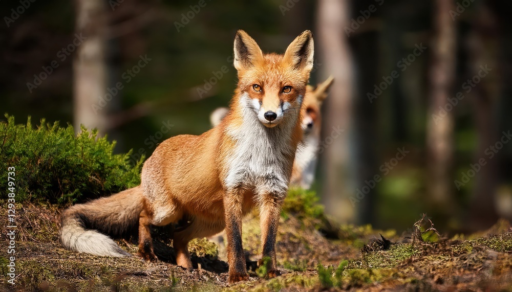 Red Fox in Forest Intelligent Red Foxes Thriving in their Natural Habitat, Showcasing a Symphony of Greens and Browns in a Dappled Light, Capturing the Wild Spirit of the Woodlands. Red Fox in Forest Intelligent Red Foxes Thriving in their Natural Habitat, Showcasing a Symphony of Greens and Browns in a Dappled Light, Capturing the Wild Spirit of the Woodlands.