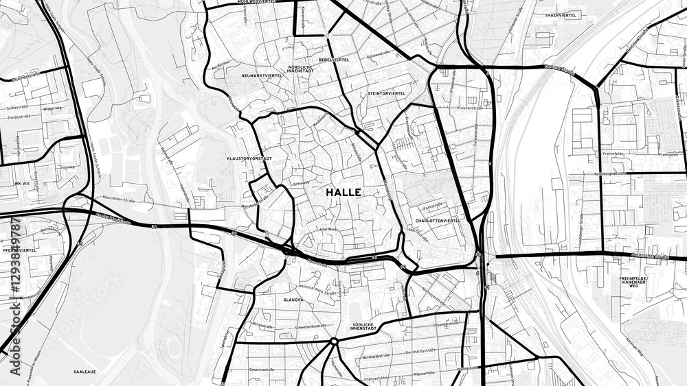 Fototapeta premium Minimalist Halle (Saale) Street Map with Labels and Neighborhoods