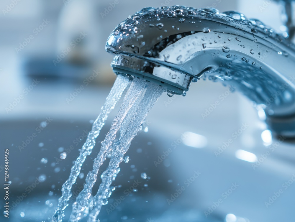 Silver faucet with flowing water droplets creating a refreshing and clean atmosphere in a modern bathroom Silver faucet with flowing water droplets creating a refreshing and clean atmosphere in a modern bathroom