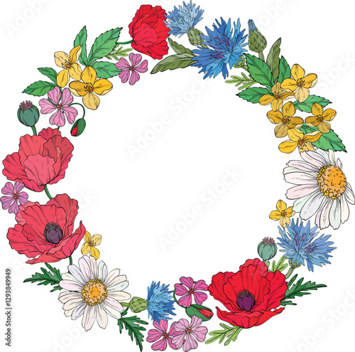 A vibrant floral vector illustration featuring a circular wreath composed of red poppies, daisies, cornflowers, buttercups, and wildflowers with lush green leaves on white background