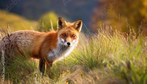 Vibrant Red Fox Basking in a Golden Afternoon Field, A Striking Portrait of Wildlifes Captivating Beauty and Majesty.