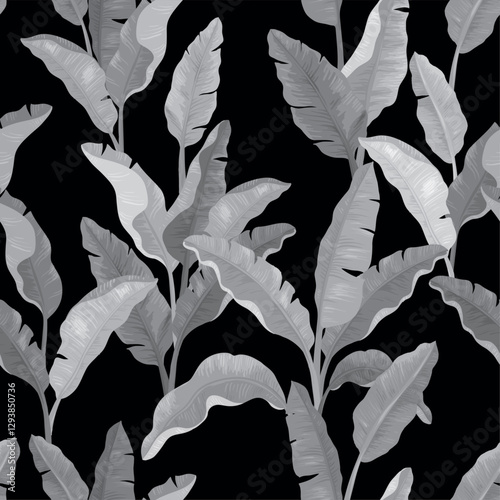 Cartoon bananas plants monochrome seamless pattern, bunch of banana leaves. Vector illustration.