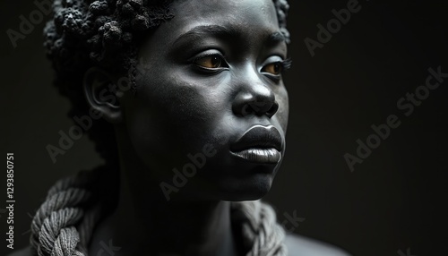 Art photo of african american woman with braided rope on neck. Dark artistic portrait embodies struggle, humanitarian themes, highlights remembrance of slavery abolition, emphasizes freedom,