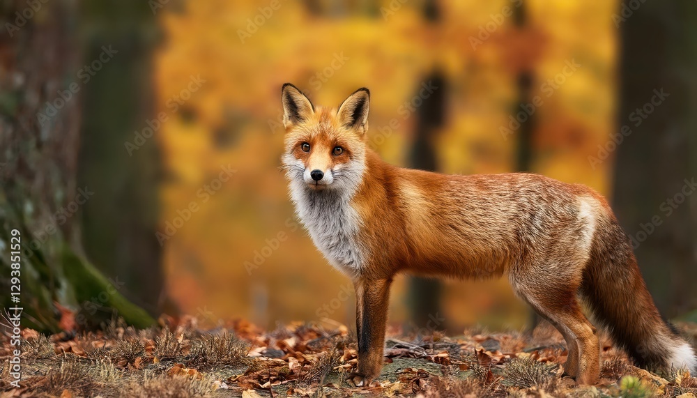 Fototapeta premium Red Fox Standing in Autumnal Forest Striking Vixen Amidst Vibrant Fall Foliage, Capturing the Majestic Beauty of Nature in a Serene Moment.