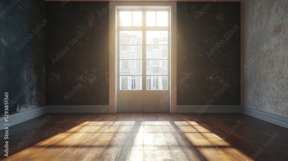 Sunlight Streaming Through Window Illuminating Empty Room with Grunge Walls and Wooden Floor Interior Design Architecture Sunlight Streaming Through Window Illuminating Empty Room with Grunge Walls and Wooden Floor Interior Design Architecture