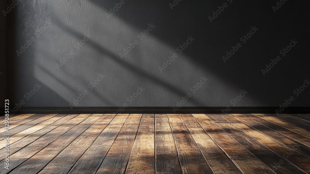 Interior scene with dark gray wall and rustic wooden floor illuminated by sunlight creating a dramatic mood for product placement or artistic expression