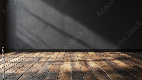 Obraz na płótnie Interior scene with dark gray wall and rustic wooden floor illuminated by sunlight creating a dramatic mood for product placement or artistic expression w salonie