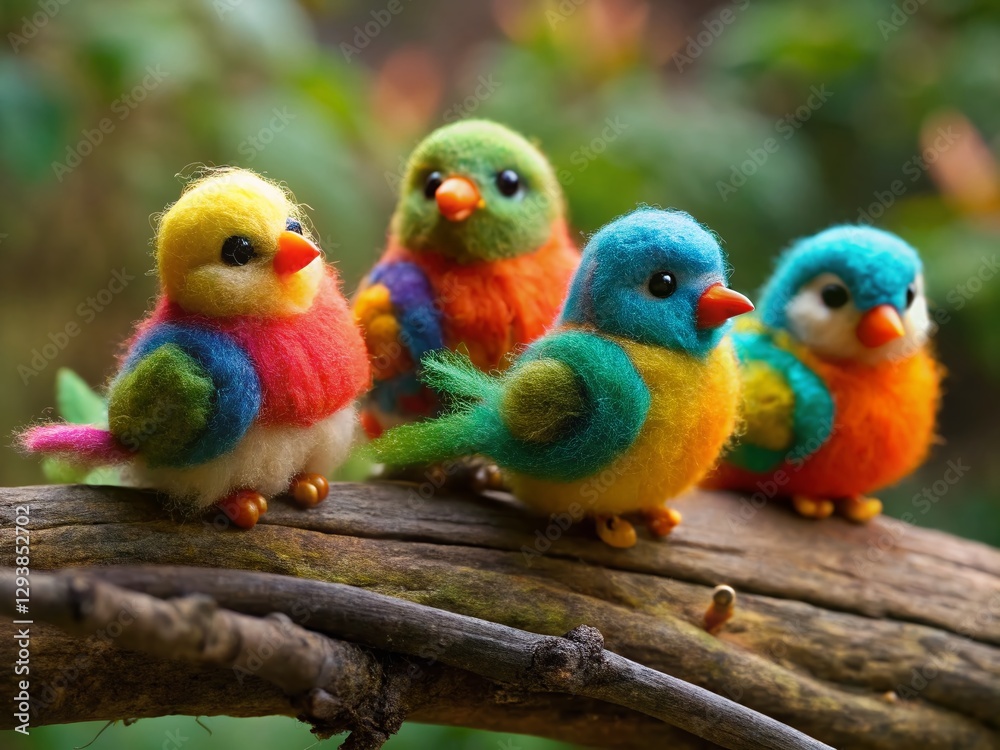 Obraz premium Adorable Felted Bird Figurines on Branch - Colorful Wool Toy Birds Close-Up