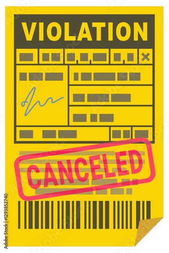Yellow violation ticket with "canceled" stamp mark in flat design style (cut out)