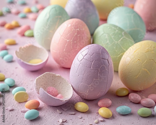 colorful Easter eggs, some of which are cracked open, along with some scattered candy in a bright scene