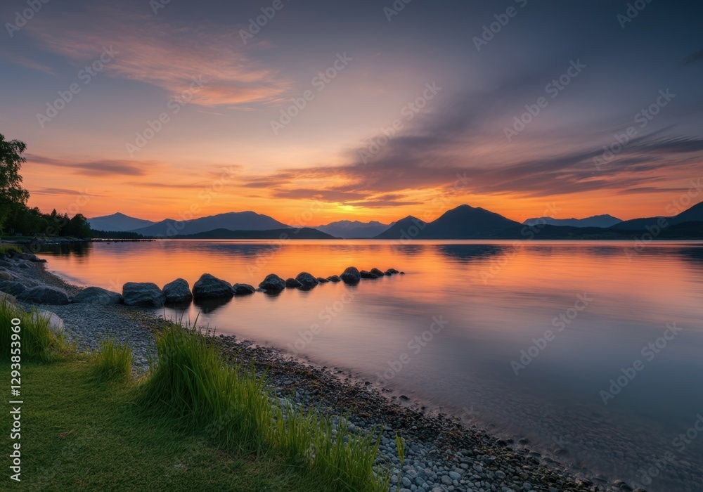 Serene sunset over a tranquil lake with mountains in the background Serene sunset over a tranquil lake with mountains in the background