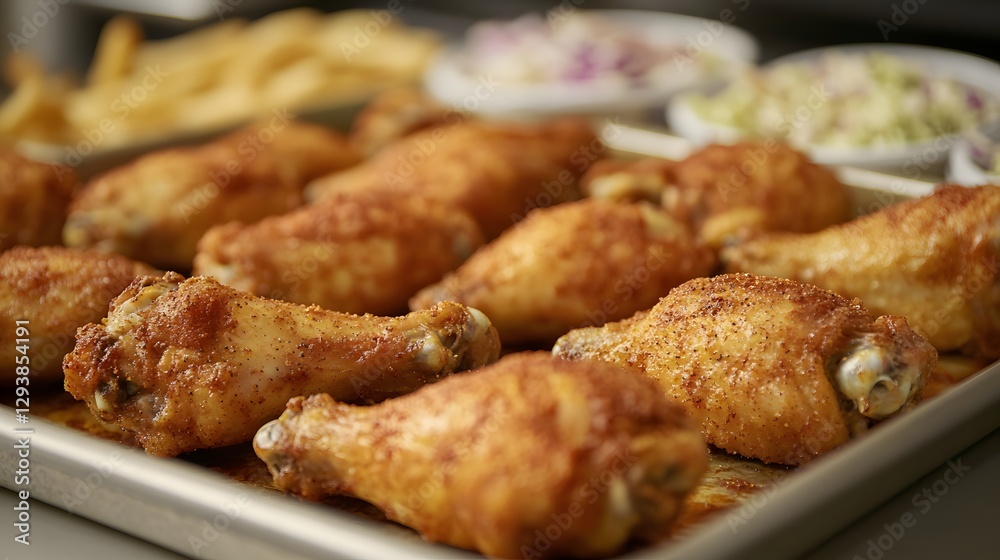Seasoned chicken wings with fries and coleslaw on tray Seasoned chicken wings with fries and coleslaw on tray