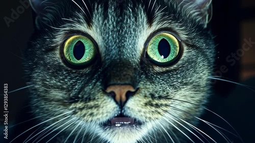 Close-up of a cat’s face with striking green eyes staring curiously into the camera at night