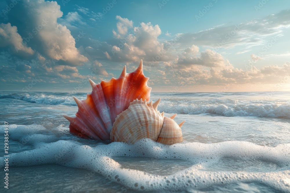 Sea shell collection rests on the shore during a vibrant sunset with clouds above Sea shell collection rests on the shore during a vibrant sunset with clouds above