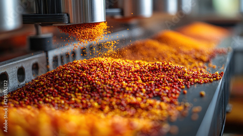 Fototapeta Naklejka Na Ścianę i Meble -  Paprika production plant, bright red bell peppers being sun-dried, industrial grinding machines producing fine spice powder, sterile and dust-free processing