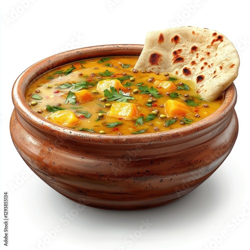 A rustic bowl of pumpkin curry with coconut milk, curry leaves, and mustard seeds, served with warm flatbread on the side, photo