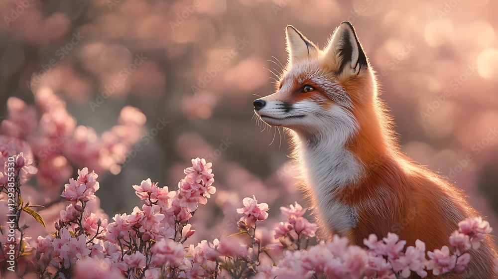 Fototapeta premium Red fox amidst dreamy pink blooms, spring awakening in soft light