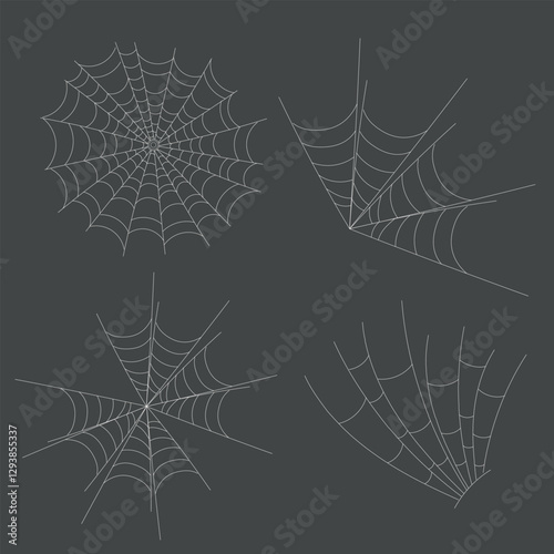 A collection of four detailed spider web illustrations on a dark background. Perfect for Halloween designs, horror themes, or spooky decorations