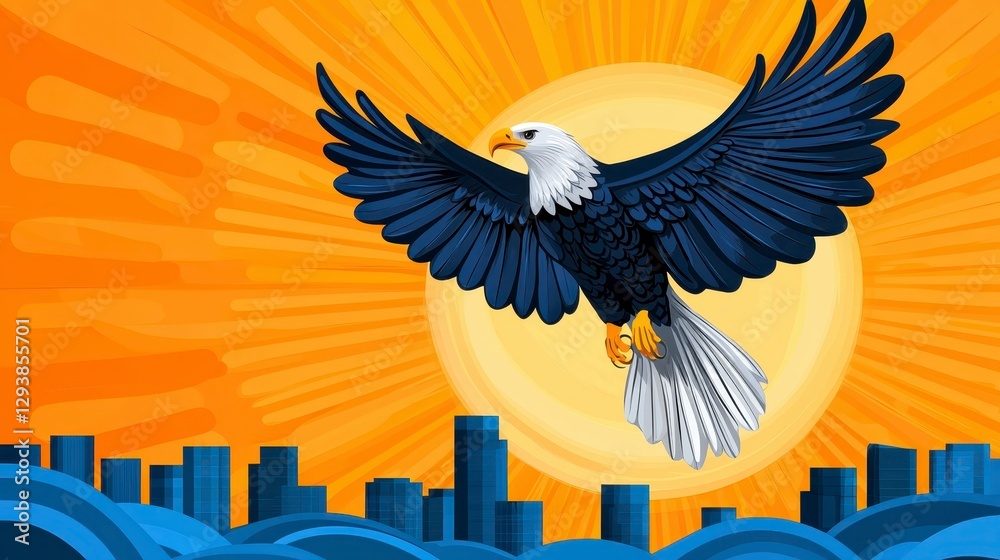 Fototapeta premium Pixel Art Bald Eagle Soaring Over City at Sunrise