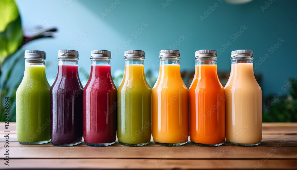 Vibrant cold-pressed juice bottles arranged in a colorful display on a clean background
Vibrant cold-pressed juice bottles arranged in a colorful display on a clean background