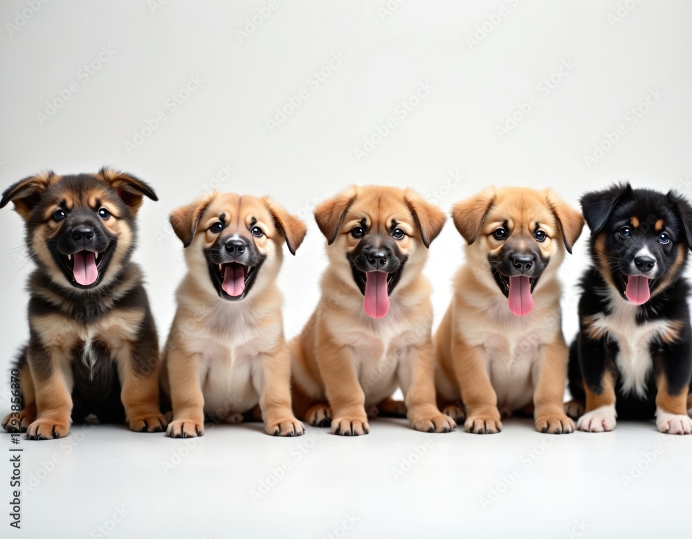 Happy puppies bark loudly, show energy on neutral background. Five cute, joyful dogs, four tan, one black, sit near. Playful pets express excitement, friendship, good luck in dogs assembly. Puppies Happy puppies bark loudly, show energy on neutral background. Five cute, joyful dogs, four tan, one black, sit near. Playful pets express excitement, friendship, good luck in dogs assembly. Puppies