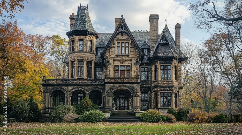 Naklejka premium Majestic Gothic Mansion Surrounded by Autumn Trees and Leaves