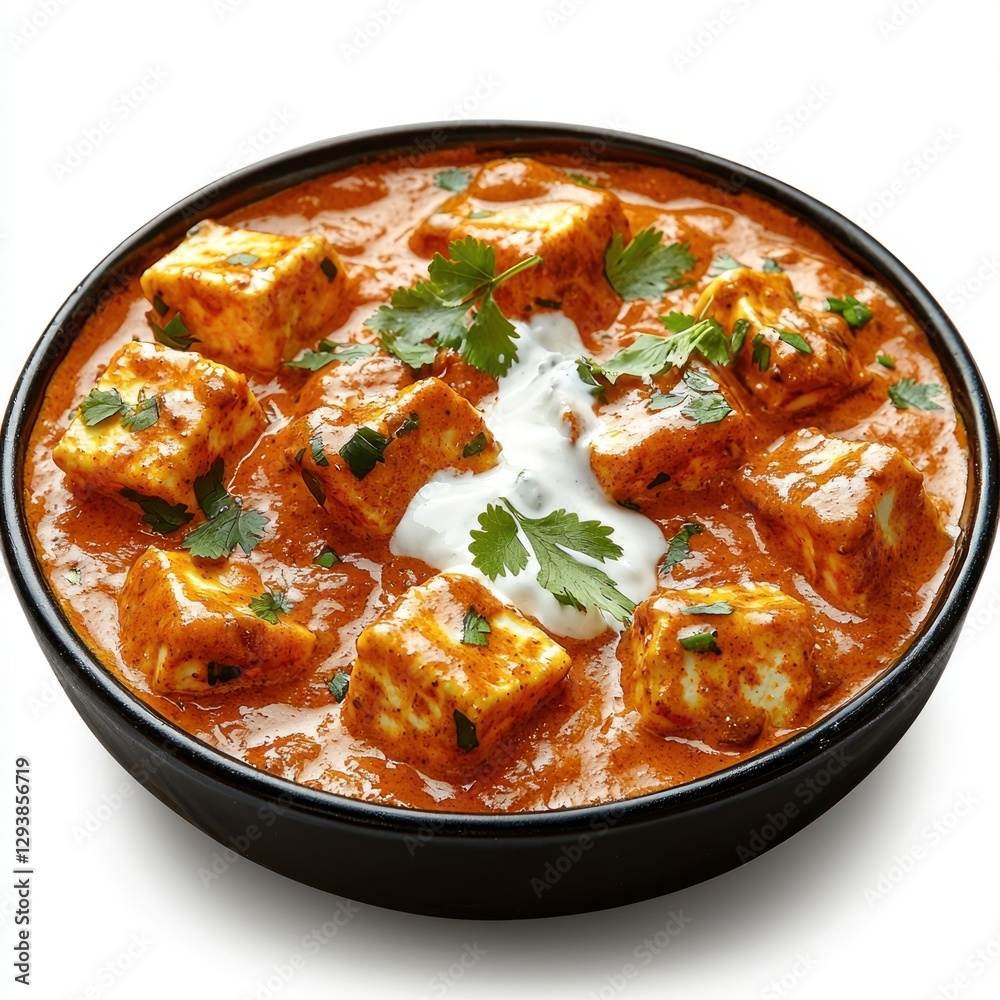 A serving of creamy paneer makhani, with soft cubes of paneer in a tomato and butter-based curry, styled with a drizzle of cream A serving of creamy paneer makhani, with soft cubes of paneer in a tomato and butter-based curry, styled with a drizzle of cream