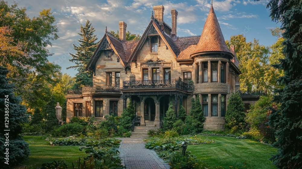 Fototapeta premium Elegant Victorian House Surrounded by Lush Greenery and Trees