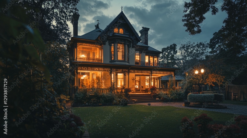 Elegant Victorian Home Illuminated at Night Surrounded by Nature Elegant Victorian Home Illuminated at Night Surrounded by Nature